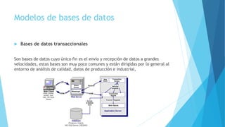 Modelos de bases de datos
 Bases de datos transaccionales
Son bases de datos cuyo único fin es el envío y recepción de da...