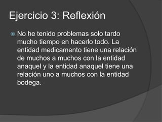 Ejercicio 3: Reflexión
 No he tenido problemas solo tardo
mucho tiempo en hacerlo todo. La
entidad medicamento tiene una relación
de muchos a muchos con la entidad
anaquel y la entidad anaquel tiene una
relación uno a muchos con la entidad
bodega.
 