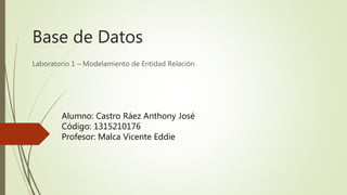 Base de Datos
Laboratorio 1 – Modelamiento de Entidad Relación
Alumno: Castro Ráez Anthony José
Código: 1315210176
Profesor: Malca Vicente Eddie
 