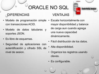 ORACLE NO SQL
DIFERENCIAS
• Modelo de programación simple
con transacciones ACID.
• Modelo de datos tabulares y
soportes JSON.
• Es libre de esquemas.
• Seguridad de aplicaciones con
autentificación y cifrado SSL de
nivel de sesion.
VENTAJAS
• Escala horizontalmente con
mayor disponibilidad y balance
de carga aun cuando agrega
una nueva capacidad
dinámicamente.
• Fácil distribución de los datos.
• Alta disponibilidad.
• Organiza los registros usando
claves.
• Es configurable.
 
