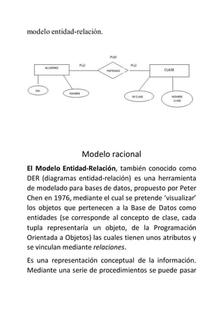 modelo entidad-relación.
Modelo racional
El Modelo Entidad-Relación, también conocido como
DER (diagramas entidad-relación) es una herramienta
de modelado para bases de datos, propuesto por Peter
Chen en 1976, mediante el cual se pretende ‘visualizar’
los objetos que pertenecen a la Base de Datos como
entidades (se corresponde al concepto de clase, cada
tupla representaría un objeto, de la Programación
Orientada a Objetos) las cuales tienen unos atributos y
se vinculan mediante relaciones.
Es una representación conceptual de la información.
Mediante una serie de procedimientos se puede pasar
 