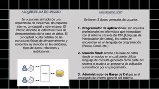 ARQUITECTURADE UN SGBD
En ocasiones se habla de una
arquitectura en esquemas. Un esquema
interno, conceptual y otro externo. El
interno describe la estructura física de
almacenamiento de la base de datos. El
conceptual oculta detalles de las
estructuras físicas de almacenamiento y
concentra su atención en las entidades,
tipos de datos, relaciones y
restricciones
USUARIOSDELSGBD
Se tienen 3 clases generales de usuarios
1. Programador de aplicaciones: son aquellos
profesionales en informática que interactúan
con el sistema a través del DML(Lenguaje de
Manipulación de Datos), los cuales se
encuentran en un lenguaje de programación
(Pascal, Cobol, etc.)
2. Usuario Final: accede a la base de datos
desde un equipo en el cual puede utilizar
lenguaje de consulta generado como parte del
sistema o acude a un programa de aplicación
suministrado por un programador.
3. Administrador de Bases de Datos: es el
encargado del control general del sistema.
 