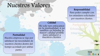 Nuestros Valores
Calidad
No solo nos enfocamos
en la puntualidad, si no
también en brindar la
mayor calidad posible
para satisfacer a
nuestros clientes.
Responsabilidad
Para poder cumplir con
los estándares solicitados
por nuestros clientes.
Puntualidad
Nuestra empresa se rige por
satisfacer las necesidades de
nuestros clientes dentro del
tiempo acordado por ambas
partes.
 