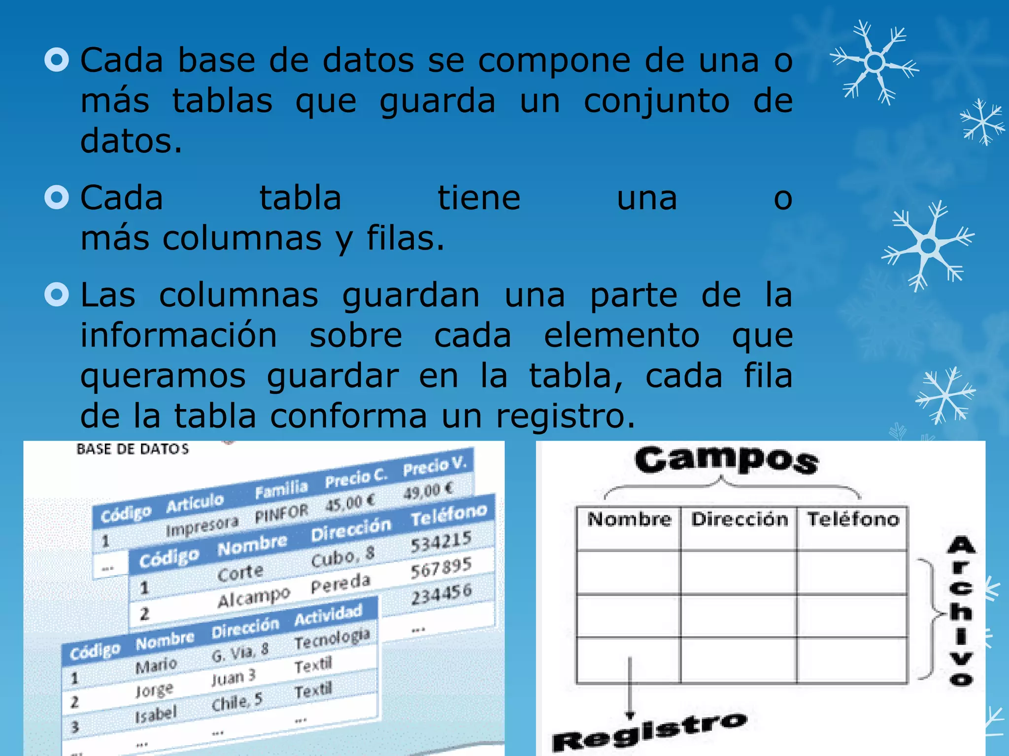  Cada base de datos se compone de una o
más tablas que guarda un conjunto de
datos.
 Cada tabla tiene una o
más columnas y filas.
 Las columnas guardan una parte de la
información sobre cada elemento que
queramos guardar en la tabla, cada fila
de la tabla conforma un registro.
 