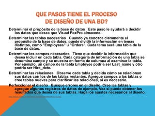 Determinar el propósito de la base de datos Este paso le ayudará a decidir
   los datos que desea que Visual FoxPro almacene.
Determinar las tablas necesarias Cuando ya conozca claramente el
   propósito de la base de datos, puede dividir la información en temas
   distintos, como "Employees" u "Orders". Cada tema será una tabla de la
   base de datos.
Determinar los campos necesarios Tiene que decidir la información que
   desea incluir en cada tabla. Cada categoría de información de una tabla se
   denomina campo y se muestra en forma de columna al examinar la tabla.
   Por ejemplo, un campo de la tabla Employee podría ser Last_name y otro
   podría ser Hire_date.
Determinar las relaciones Observe cada tabla y decida cómo se relacionan
   sus datos con los de las tablas restantes. Agregue campos a las tablas o
   cree tablas nuevas para clarificar las relaciones, si es necesario.
Perfeccionar el diseño Busque errores en el diseño. Cree las tablas y
   agregue algunos registros de datos de ejemplo. Vea si puede obtener los
   resultados que desea de sus tablas. Haga los ajustes necesarios al diseño.
http://msdn.microsoft.com/es-es/library/cc466455(v=vs.71).aspx
 