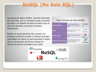 NoSQL (No Solo SQL)
Las bases de datos NoSQL, también llamadas
No Solo SQL, son un enfoque hacia la gestión
de datos y el diseño de base de datos que es
útil para grandes conjuntos de datos
distribuidos.
NoSQL es especialmente útil cuando una
empresa necesita acceder y analizar grandes
cantidades de datos no estructurados o datos
que se almacenan de forma remota en
varios servidores virtuales en la nube.
 