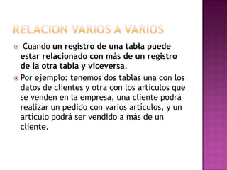   Cuando un registro de una tabla puede
  estar relacionado con más de un registro
  de la otra tabla y viceversa.
 Por ejemplo: tenemos dos tablas una con los
  datos de clientes y otra con los artículos que
  se venden en la empresa, una cliente podrá
  realizar un pedido con varios artículos, y un
  artículo podrá ser vendido a más de un
  cliente.
 