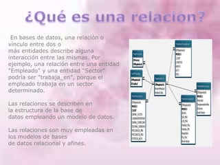En bases de datos, una relación o
vínculo entre dos o
más entidades describe alguna
interacción entre las mismas. Por
ejemplo, una relación entre una entidad
"Empleado" y una entidad "Sector"
podría ser "trabaja_en", porque el
empleado trabaja en un sector
determinado.
Las relaciones se describen en
la estructura de la base de
datos empleando un modelo de datos.
Las relaciones son muy empleadas en
los modelos de bases
de datos relacional y afines.
 
