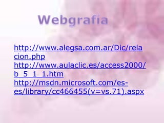 http://www.alegsa.com.ar/Dic/rela
cion.php
http://www.aulaclic.es/access2000/
b_5_1_1.htm
http://msdn.microsoft.com/es-
es/library/cc466455(v=vs.71).aspx
 