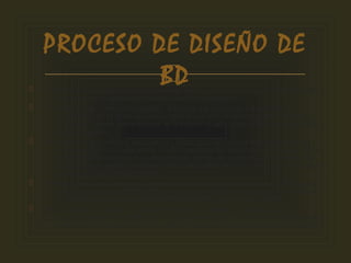  Determinar el propósito de la base de datos Este paso le ayudará a decidir
los datos que desea que Visual FoxPro almacene.
 Determinar las tablas necesarias Cuando ya conozca claramente el
propósito de la base de datos, puede dividir la información en temas
distintos, como "Employees" u "Orders". Cada tema será una tabla de la
base de datos.
 Determinar los campos necesarios Tiene que decidir la información que
desea incluir en cada tabla. Cada categoría de información de una tabla
se denomina campo y se muestra en forma de columna al examinar la
tabla. Por ejemplo, un campo de la tabla Employee podría ser Last_name
y otro podría ser Hire_date.
 Determinar las relaciones Observe cada tabla y decida cómo se relacionan
sus datos con los de las tablas restantes. Agregue campos a las tablas o
cree tablas nuevas para clarificar las relaciones, si es necesario.
 Perfeccionar el diseño Busque errores en el diseño. Cree las tablas y
agregue algunos registros de datos de ejemplo. Vea si puede obtener los
resultados que desea de sus tablas. Haga los ajustes necesarios al diseño.
PROCESO DE DISEÑO DE
BD
 