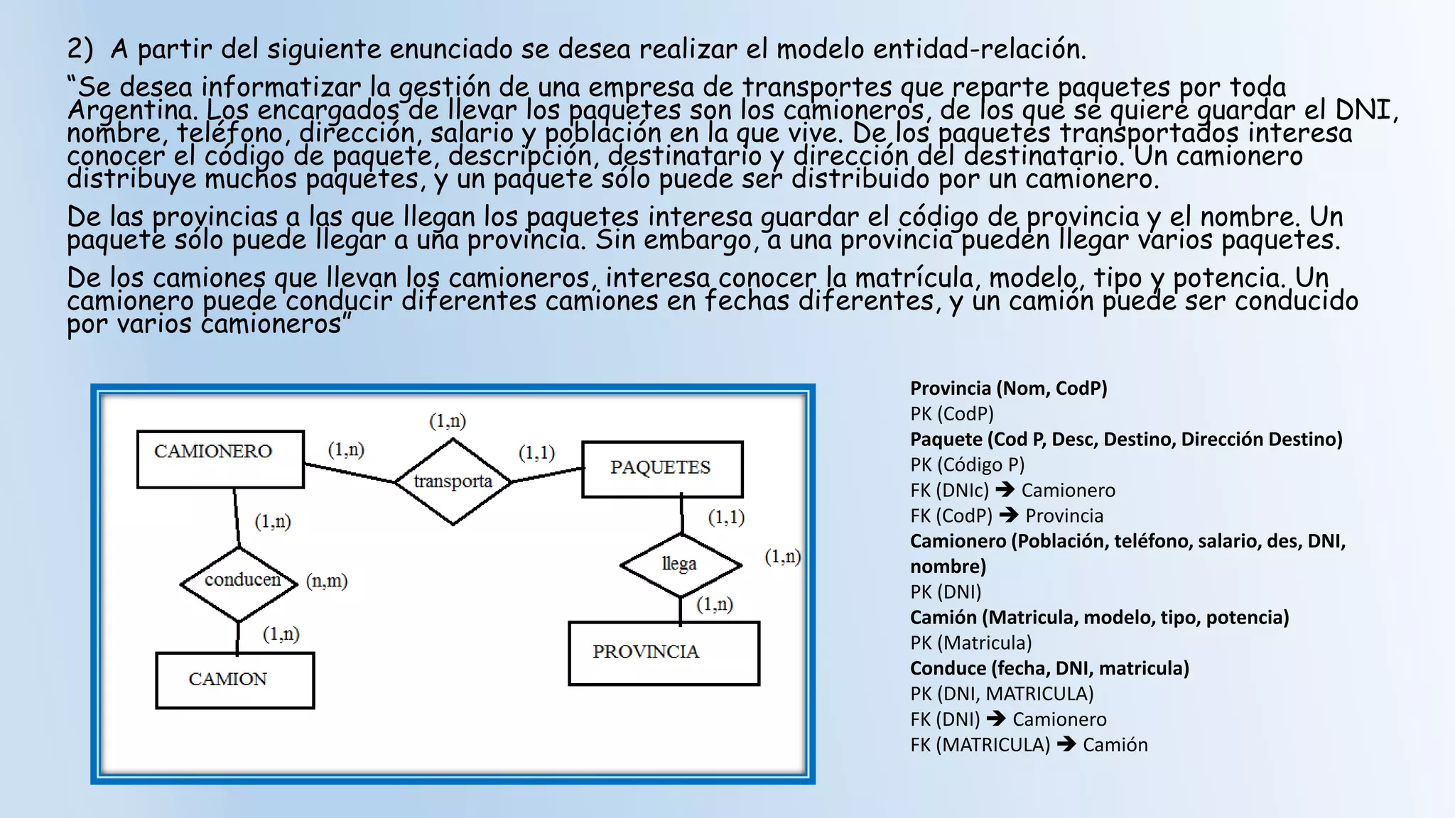 2) A partir del siguiente enunciado se desea realizar el modelo entidad-relación.
“Se desea informatizar la gestión de una empresa de transportes que reparte paquetes por toda
Argentina. Los encargados de llevar los paquetes son los camioneros, de los que se quiere guardar el DNI,
nombre, teléfono, dirección, salario y población en la que vive. De los paquetes transportados interesa
conocer el código de paquete, descripción, destinatario y dirección del destinatario. Un camionero
distribuye muchos paquetes, y un paquete sólo puede ser distribuido por un camionero.
De las provincias a las que llegan los paquetes interesa guardar el código de provincia y el nombre. Un
paquete sólo puede llegar a una provincia. Sin embargo, a una provincia pueden llegar varios paquetes.
De los camiones que llevan los camioneros, interesa conocer la matrícula, modelo, tipo y potencia. Un
camionero puede conducir diferentes camiones en fechas diferentes, y un camión puede ser conducido
por varios camioneros”
Provincia (Nom, CodP)
PK (CodP)
Paquete (Cod P, Desc, Destino, Dirección Destino)
PK (Código P)
FK (DNIc)  Camionero
FK (CodP)  Provincia
Camionero (Población, teléfono, salario, des, DNI,
nombre)
PK (DNI)
Camión (Matricula, modelo, tipo, potencia)
PK (Matricula)
Conduce (fecha, DNI, matricula)
PK (DNI, MATRICULA)
FK (DNI)  Camionero
FK (MATRICULA)  Camión
 