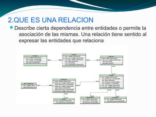 2.QUE ES UNA RELACION
Describe cierta dependencia entre entidades o permite la
asociación de las mismas. Una relación tiene sentido al
expresar las entidades que relaciona
 