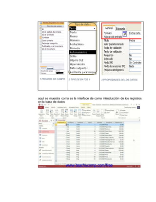 1 PRDIDOS DE CAMPO 2 TIPO DE DATOS 1 3 PROPIEDADES DE LOS DATOS
aquí se muestra como es la interface de como introducción de los registros
en la base de datos
 