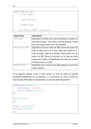 164
CARRERAS PROFESIONALES CIBERTEC
CREATE USER user_name
[ { { FOR | FROM }
{
LOGIN login_name
}
| WITHOUT LOGIN
]
[ WITH DEFAULT_SCHEMA = schema_name ]
Argumentos Descripción
user_name Especifica el nombre por el que se identifica al usuario en
esta base de datos. user_name es de tipo sysname. Puede
tener una longitud máxima de 128 caracteres.
LOGIN login_name Especifica el inicio de sesión de SQL Server del usuario de
base de datos que se va a crear. login_name debe ser un
inicio de sesión válido en el servidor. Cuando este inicio de
sesión de SQL Server se introduzca en la base de datos
adquirirá el nombre y el identificador del usuario de la base
de datos que se va a crear.
WITHOUT LOGIN Especifica que el usuario no se debe asignar a un inicio de
sesión existente
En el siguiente ejemplo, vamos a crear primero un inicio de sesión de servidor
denominado BDCibertec con su password, y a continuación, se crea el usuario de
base de datos BDCibertec correspondiente a la base de datos Negocios2011
CREATE LOGIN BDCIBERTEC
WITH PASSWORD = 'PA$$W0RD',
DEFAULT_DATABASE=NEGOCIOS2011;
GO
USE NEGOCIOS2011;
GO
CREATE USER BDCIBERTEC
FOR LOGIN BDCIBERTEC;
GO
 