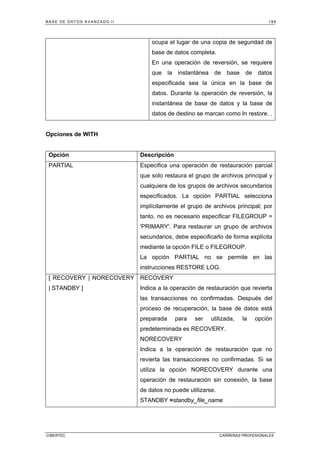 BASE DE DATOS AVANZADO II 199
CIBERTEC CARRERAS PROFESIONALES
ocupa el lugar de una copia de seguridad de
base de datos completa.
En una operación de reversión, se requiere
que la instantánea de base de datos
especificada sea la única en la base de
datos. Durante la operación de reversión, la
instantánea de base de datos y la base de
datos de destino se marcan como In restore. .
Opciones de WITH
Opción Descripción
PARTIAL Especifica una operación de restauración parcial
que solo restaura el grupo de archivos principal y
cualquiera de los grupos de archivos secundarios
especificados. La opción PARTIAL selecciona
implícitamente el grupo de archivos principal; por
tanto, no es necesario especificar FILEGROUP =
'PRIMARY'. Para restaurar un grupo de archivos
secundarios, debe especificarlo de forma explícita
mediante la opción FILE o FILEGROUP.
La opción PARTIAL no se permite en las
instrucciones RESTORE LOG.
[ RECOVERY | NORECOVERY
| STANDBY ]
RECOVERY
Indica a la operación de restauración que revierta
las transacciones no confirmadas. Después del
proceso de recuperación, la base de datos está
preparada para ser utilizada, la opción
predeterminada es RECOVERY.
NORECOVERY
Indica a la operación de restauración que no
revierta las transacciones no confirmadas. Si se
utiliza la opción NORECOVERY durante una
operación de restauración sin conexión, la base
de datos no puede utilizarse.
STANDBY =standby_file_name
 