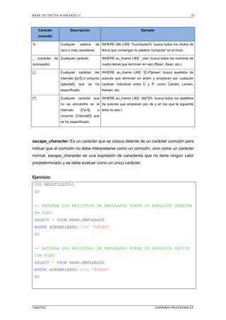 BASE DE DATOS AVANZADO II 21
CIBERTEC CARRERAS PROFESIONALES
Carácter
comodín
Descripción Ejemplo
% Cualquier cadena de
cero o más caracteres.
WHERE title LIKE '%computer%' busca todos los títulos de
libros que contengan la palabra 'computer' en el título.
_ (carácter de
subrayado)
Cualquier carácter. WHERE au_fname LIKE ‘_ean’ busca todos los nombres de
cuatro letras que terminen en ean (Dean, Sean, etc.)
[ ] Cualquier carácter del
intervalo ([a-f]) o conjunto
([abcdef]) que se ha
especificado.
WHERE au_lname LIKE ‘[C-P]arsen’ busca apellidos de
autores que terminen en arsen y empiecen por cualquier
carácter individual entre C y P, como Carsen, Larsen,
Karsen, etc.
[^] Cualquier carácter que
no se encuentre en el
intervalo ([^a-f]) o
conjunto ([^abcdef]) que
se ha especificado.
WHERE au_lname LIKE ‘de[^l]%’ busca todos los apellidos
de autores que empiecen por de y en los que la siguiente
letra no sea l.
escape_character: Es un carácter que se coloca delante de un carácter comodín para
indicar que el comodín no debe interpretarse como un comodín, sino como un carácter
normal. escape_character es una expresión de caracteres que no tiene ningún valor
predeterminado y se debe evaluar como un único carácter.
Ejercicio:
USE NEGOCIOS2011
GO
-- RETORNA LOS REGISTROS DE EMPLEADOS DONDE SU APELLIDO TERMINE
EN KING
SELECT * FROM RRHH.EMPLEADOS
WHERE APEEMPLEADO LIKE '%KING'
GO
-- RETORNA LOS REGISTROS DE EMPLEADOS DONDE SU APELLIDO INICIE
CON KING
SELECT * FROM RRHH.EMPLEADOS
WHERE APEEMPLEADO LIKE 'KING%'
GO
 