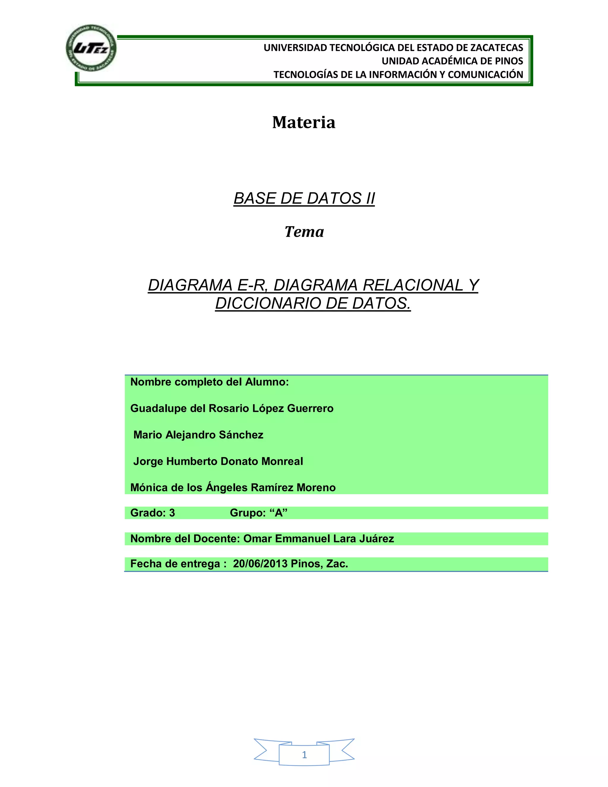 UNIVERSIDAD TECNOLÓGICA DEL ESTADO DE ZACATECAS
UNIDAD ACADÉMICA DE PINOS
TECNOLOGÍAS DE LA INFORMACIÓN Y COMUNICACIÓN
1
Materia
BASE DE DATOS II
Tema
DIAGRAMA E-R, DIAGRAMA RELACIONAL Y
DICCIONARIO DE DATOS.
Nombre completo del Alumno:
Guadalupe del Rosario López Guerrero
Mario Alejandro Sánchez
Jorge Humberto Donato Monreal
Mónica de los Ángeles Ramírez Moreno
Grado: 3 Grupo: “A”
Nombre del Docente: Omar Emmanuel Lara Juárez
Fecha de entrega : 20/06/2013 Pinos, Zac.
 