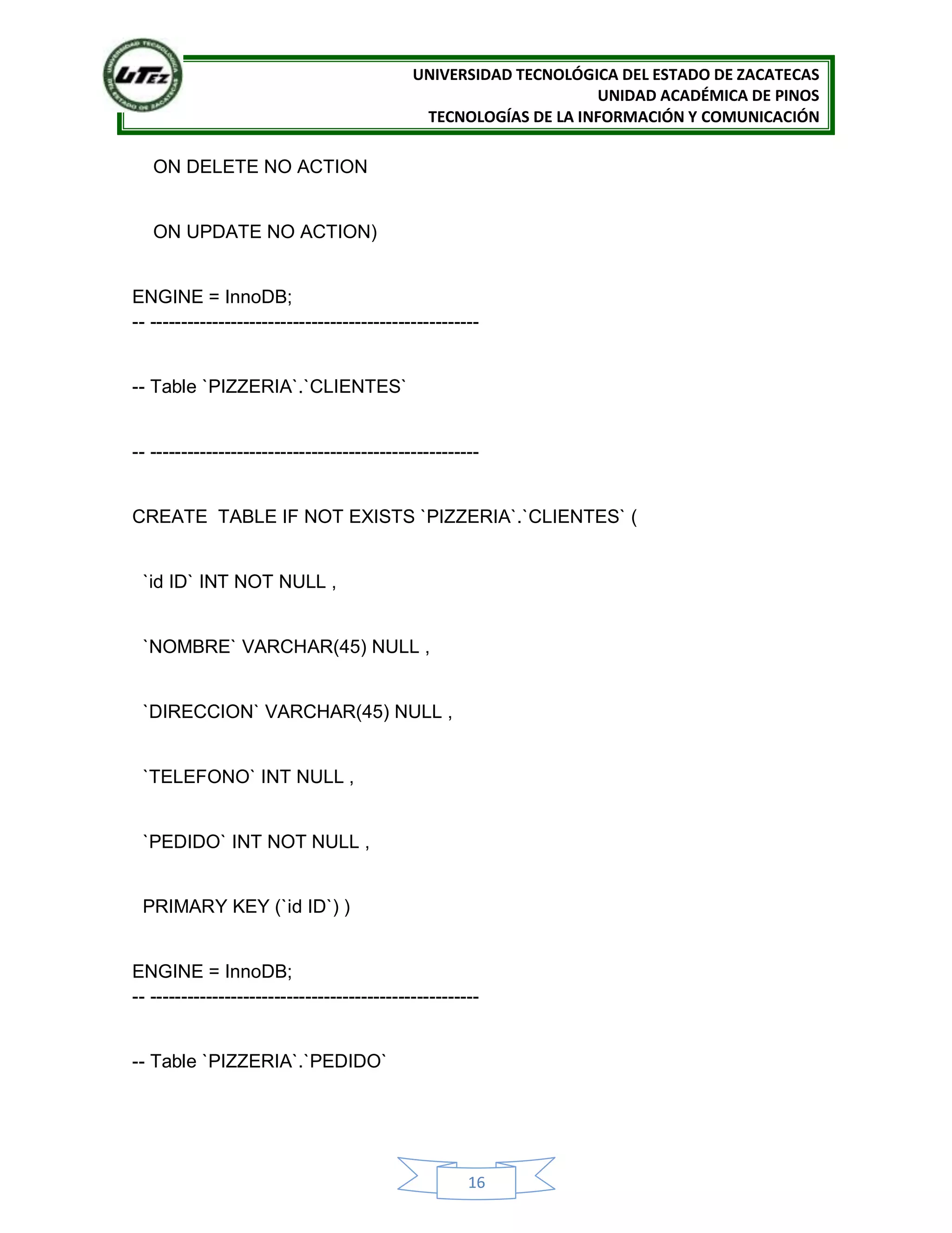 UNIVERSIDAD TECNOLÓGICA DEL ESTADO DE ZACATECAS
UNIDAD ACADÉMICA DE PINOS
TECNOLOGÍAS DE LA INFORMACIÓN Y COMUNICACIÓN
16
ON DELETE NO ACTION
ON UPDATE NO ACTION)
ENGINE = InnoDB;
-- -----------------------------------------------------
-- Table `PIZZERIA`.`CLIENTES`
-- -----------------------------------------------------
CREATE TABLE IF NOT EXISTS `PIZZERIA`.`CLIENTES` (
`id ID` INT NOT NULL ,
`NOMBRE` VARCHAR(45) NULL ,
`DIRECCION` VARCHAR(45) NULL ,
`TELEFONO` INT NULL ,
`PEDIDO` INT NOT NULL ,
PRIMARY KEY (`id ID`) )
ENGINE = InnoDB;
-- -----------------------------------------------------
-- Table `PIZZERIA`.`PEDIDO`
 