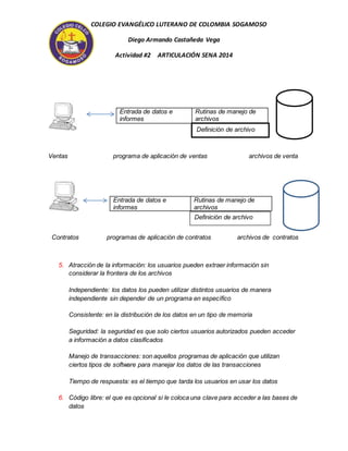 COLEGIO EVANGÉLICO LUTERANO DE COLOMBIA SOGAMOSO 
Diego Armando Castañeda Vega 
Actividad #2 ARTICULACIÓN SENA 2014 
Definición de archivo 
Ventas programa de aplicación de ventas archivos de venta 
Contratos programas de aplicación de contratos archivos de contratos 
5. Atracción de la información: los usuarios pueden extraer información sin 
considerar la frontera de los archivos 
Independiente: los datos los pueden utilizar distintos usuarios de manera 
independiente sin depender de un programa en específico 
Consistente: en la distribución de los datos en un tipo de memoria 
Seguridad: la seguridad es que solo ciertos usuarios autorizados pueden acceder 
a información a datos clasificados 
Manejo de transacciones: son aquellos programas de aplicación que utilizan 
ciertos tipos de software para manejar los datos de las transacciones 
Tiempo de respuesta: es el tiempo que tarda los usuarios en usar los datos 
6. Código libre: el que es opcional si le coloca una clave para acceder a las bases de 
datos 
Entrada de datos e 
informes 
Rutinas de manejo de 
archivos 
Entrada de datos e 
informes 
Rutinas de manejo de 
archivos 
Definición de archivo 
 