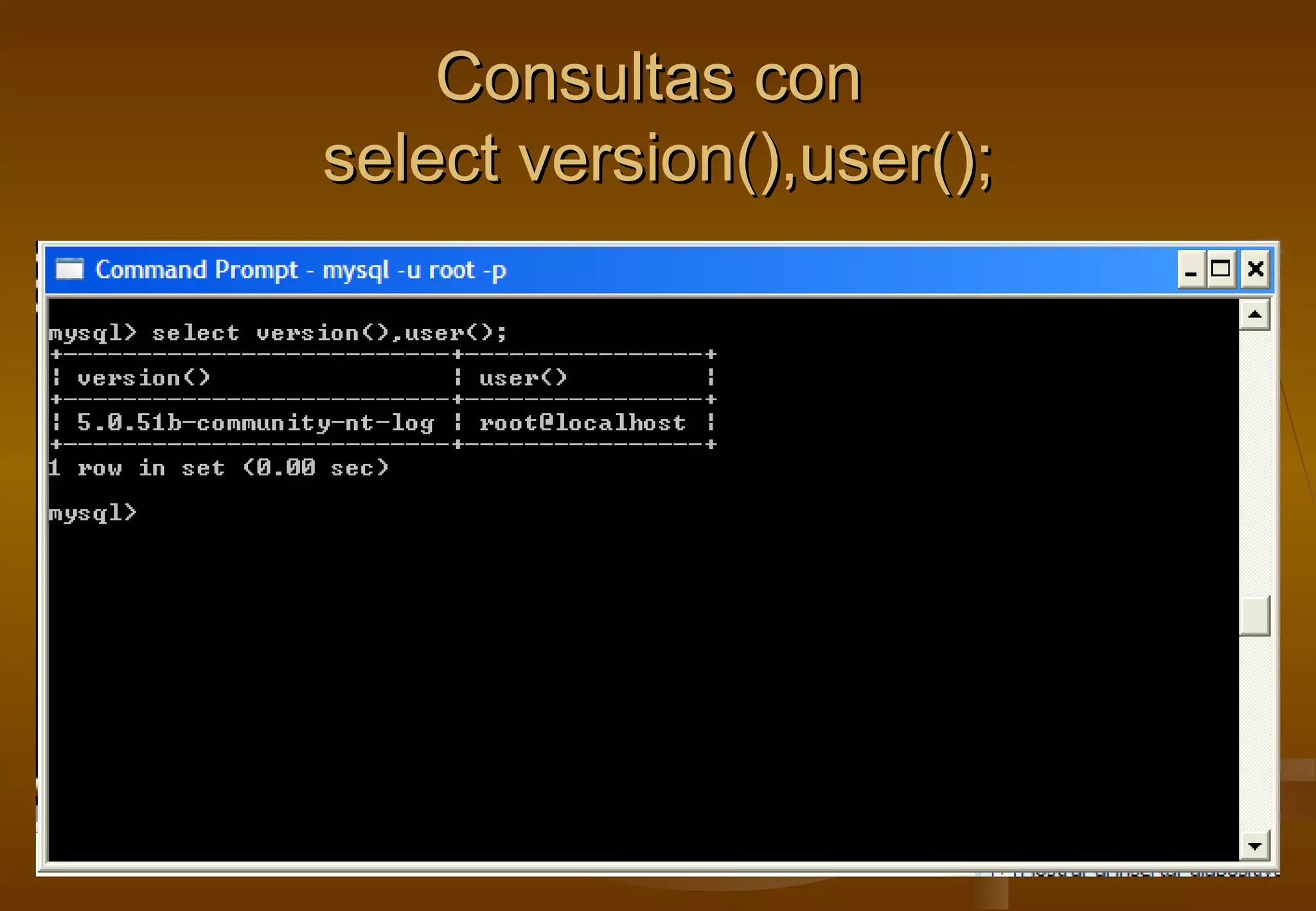 Consultas con
select version(),user();
 