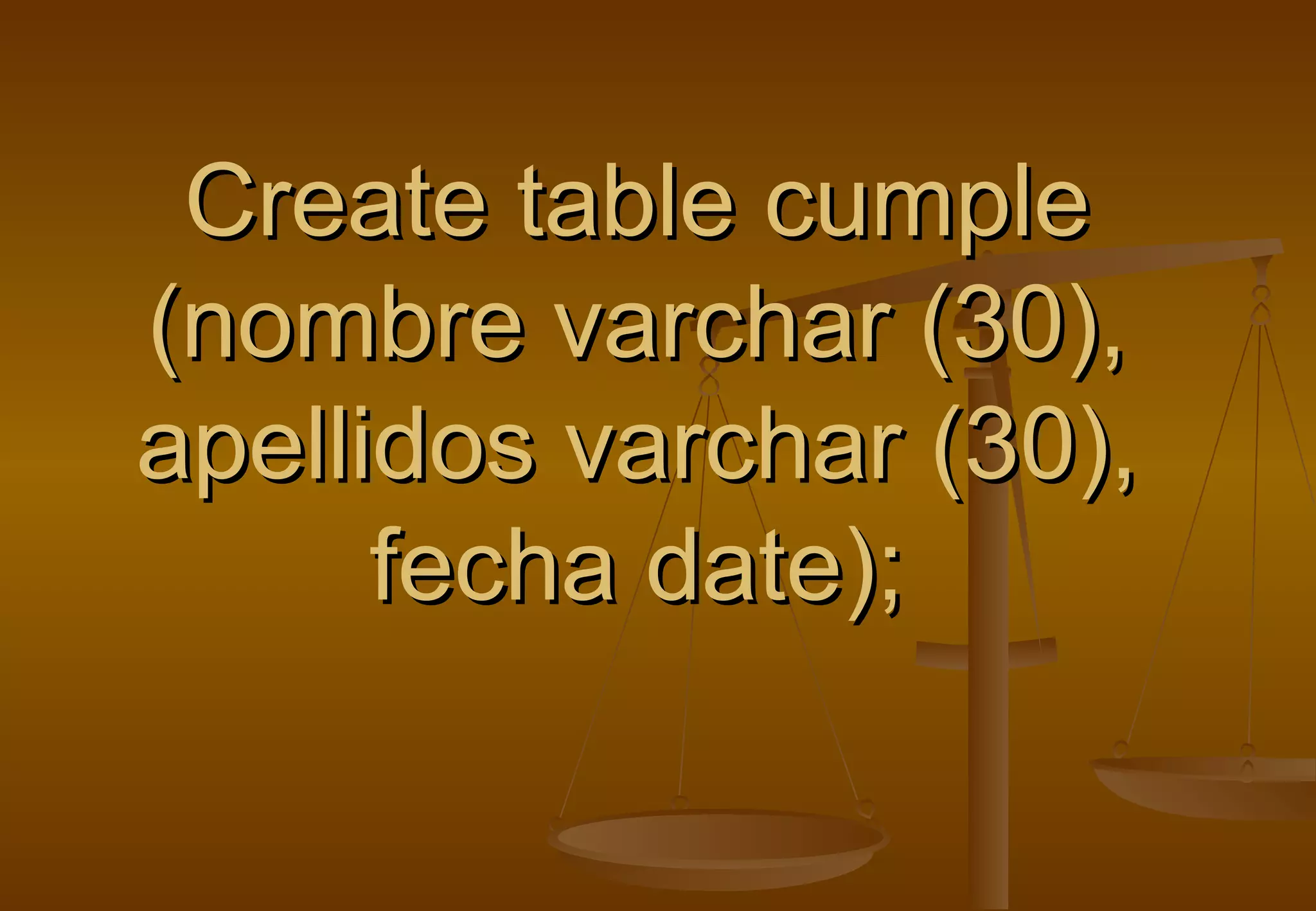 Create table cumple
(nombre varchar (30),
apellidos varchar (30),
      fecha date);
 