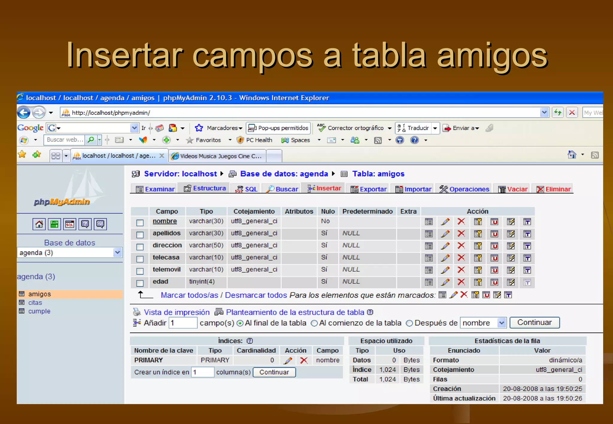 Insertar campos a tabla amigos
 