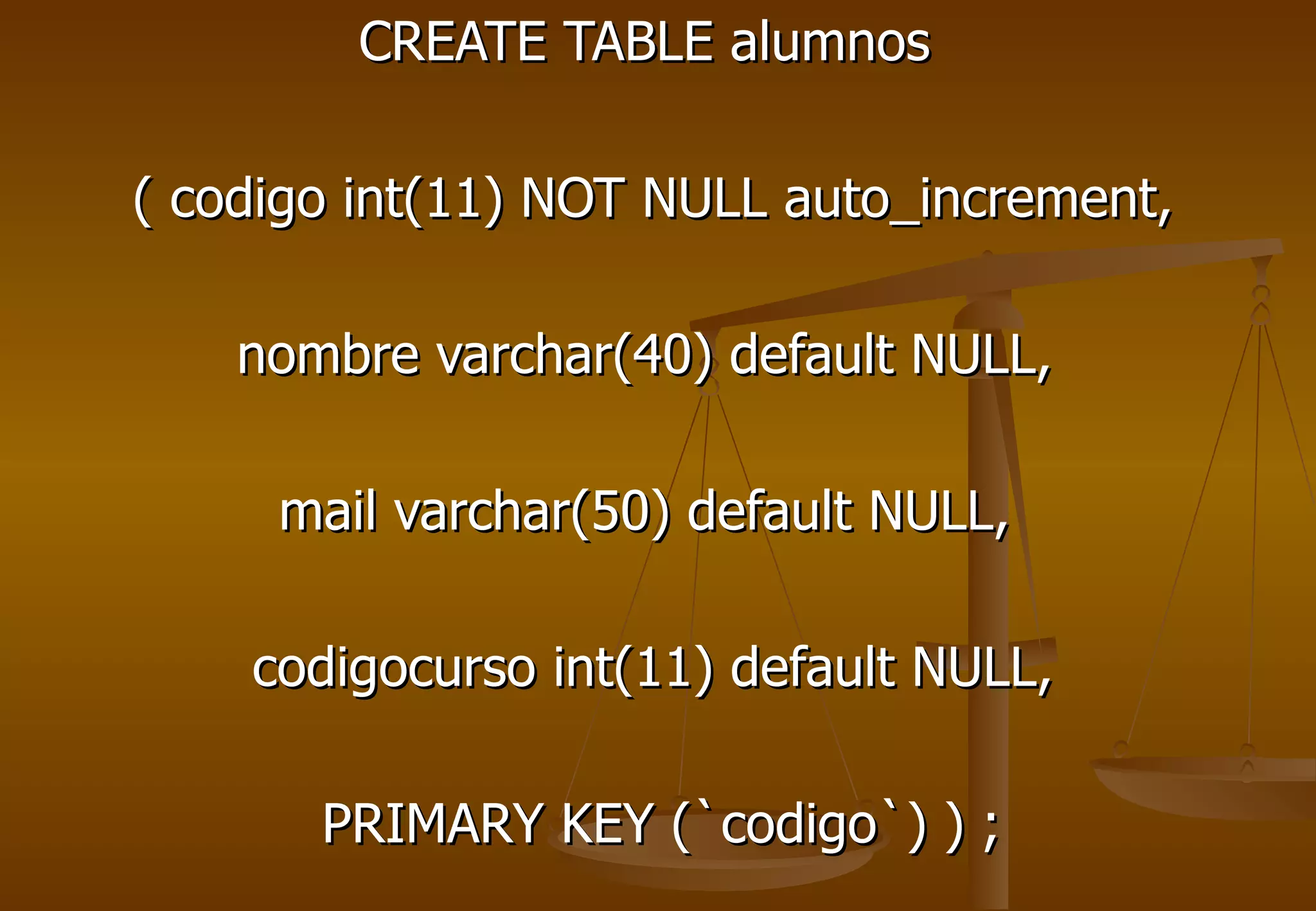 CREATE TABLE alumnos

( codigo int(11) NOT NULL auto_increment,

    nombre varchar(40) default NULL,

     mail varchar(50) default NULL,

    codigocurso int(11) default NULL,

       PRIMARY KEY (`codigo`) ) ;
 