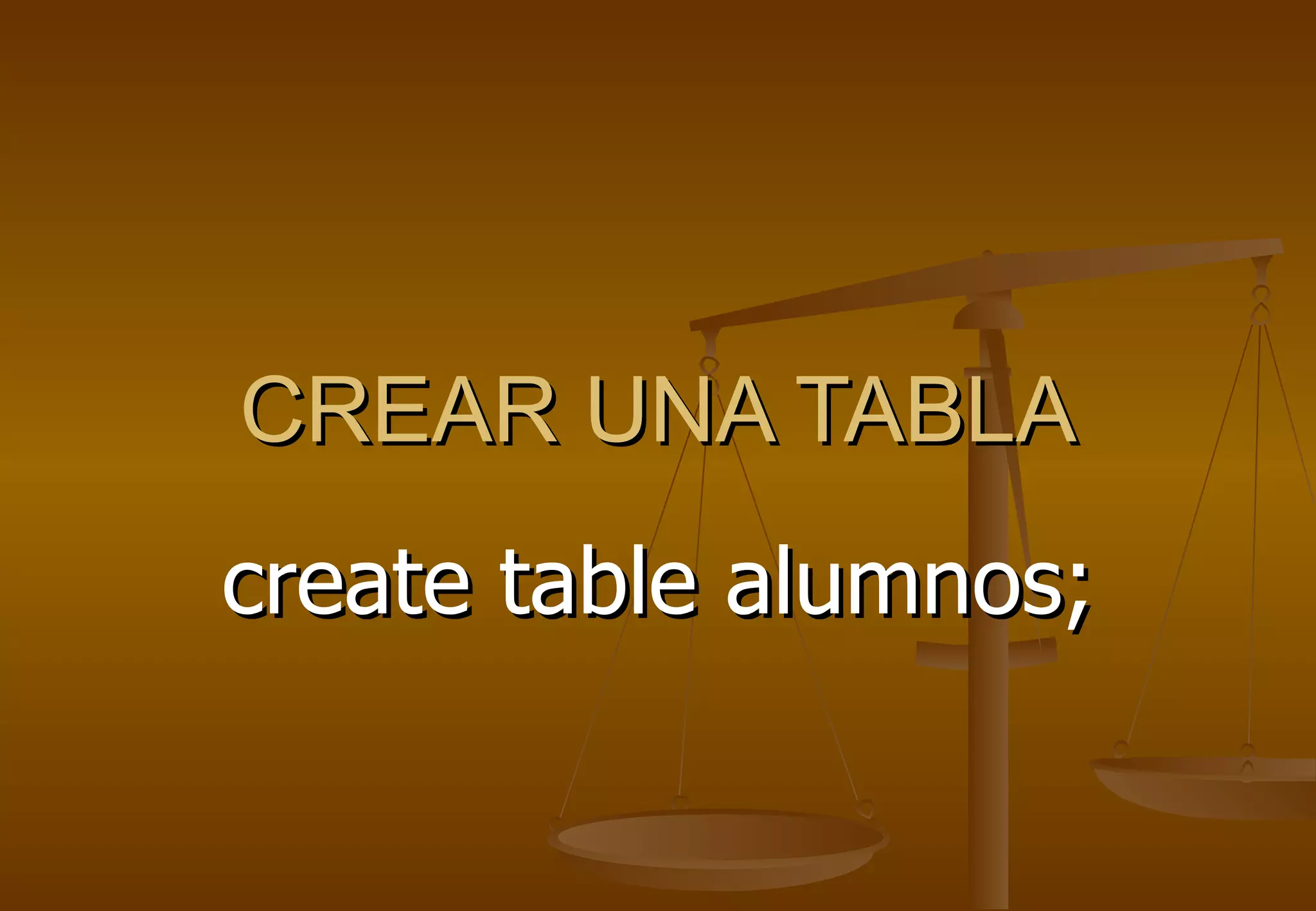 CREAR UNA TABLA
create table alumnos;
 