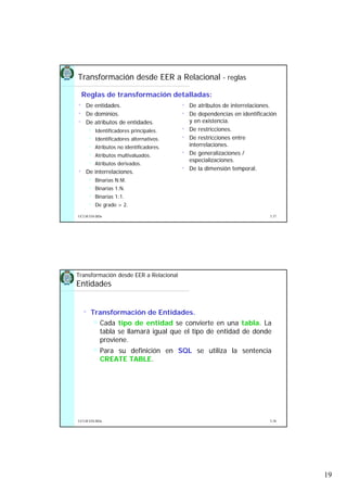 19
5.37UCLM ESI-BDa
Transformación desde EER a Relacional - reglas
• De entidades.
• De dominios.
• De atributos de entidades.
Identificadores principales.
Identificadores alternativos.
Atributos no identificadores.
Atributos multivaluados.
Atributos derivados.
• De interrelaciones.
Binarias N:M.
Binarias 1:N.
Binarias 1:1.
De grado > 2.
• De atributos de interrelaciones.
• De dependencias en identificación
y en existencia.
• De restricciones.
• De restricciones entre
interrelaciones.
• De generalizaciones /
especializaciones.
• De la dimensión temporal.
Reglas de transformación detalladas:
5.38UCLM ESI-BDa
• Transformación de Entidades.
Cada tipo de entidad se convierte en una tabla. La
tabla se llamará igual que el tipo de entidad de donde
proviene.
Para su definición en SQL se utiliza la sentencia
CREATE TABLE.
Transformación desde EER a Relacional
Entidades
 