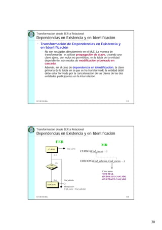 30
5.59UCLM ESI-BDa
• Transformación de Dependencias en Existencia y
en Identificación
No son recogidas directamente en el MLS. La manera de
transformarlas es utilizar propagación de clave, creando una
clave ajena, con nulos no permitidos, en la tabla de la entidad
dependiente, con modos de modificación y borrado en
cascada.
Además, en el caso de dependencia en identificación, la clave
primaria de la tabla en la que se ha transformado la entidad débil
debe estar formada por la concatenación de las claves de las dos
entidades participantes en la interrelación.
Transformación desde EER a Relacional
Dependencias en Existencia y en Identificación
5.60UCLM ESI-BDa
EDICION
CURSO
Tiene
Cod_edición
Cód_curso
(0,n)
(1,1)
1:N
CURSO (Cód_curso, ...)
EDICION (Cód_edicion, Cod_curso, ...)
Clave ajena
NOT NULL
ON DELETE CASCADE
ON UPDATE CASCADE
Identificador
(Cód_curso + Cod_edición)
ID
EER
MR
Transformación desde EER a Relacional
Dependencias en Existencia y en Identificación
 