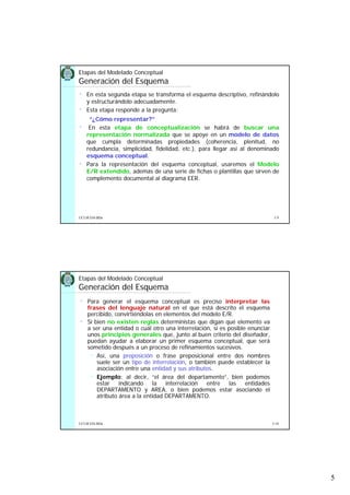 5
5.9UCLM ESI-BDa
Etapas del Modelado Conceptual
Generación del Esquema
• En esta segunda etapa se transforma el esquema descriptivo, refinándolo
y estructurándolo adecuadamente.
• Esta etapa responde a la pregunta:
“¿Cómo representar?”
• En esta etapa de conceptualización se habrá de buscar una
representación normalizada que se apoye en un modelo de datos
que cumpla determinadas propiedades (coherencia, plenitud, no
redundancia, simplicidad, fidelidad, etc.), para llegar así al denominado
esquema conceptual.
• Para la representación del esquema conceptual, usaremos el Modelo
E/R extendido, además de una serie de fichas o plantillas que sirven de
complemento documental al diagrama EER.
5.10UCLM ESI-BDa
Etapas del Modelado Conceptual
Generación del Esquema
• Para generar el esquema conceptual es preciso interpretar las
frases del lenguaje natural en el que está descrito el esquema
percibido, convirtiéndolas en elementos del modelo E/R.
• Si bien no existen reglas deterministas que digan qué elemento va
a ser una entidad o cuál otro una interrelación, sí es posible enunciar
unos principios generales que, junto al buen criterio del diseñador,
puedan ayudar a elaborar un primer esquema conceptual, que será
sometido después a un proceso de refinamientos sucesivos.
Así, una preposición o frase preposicional entre dos nombres
suele ser un tipo de interrelación, o también puede establecer la
asociación entre una entidad y sus atributos.
Ejemplo: al decir, “el área del departamento”, bien podemos
estar indicando la interrelación entre las entidades
DEPARTAMENTO y AREA, o bien podemos estar asociando el
atributo área a la entidad DEPARTAMENTO.
 