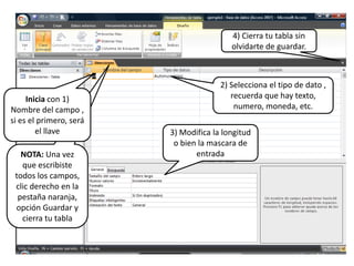 4) Cierra tu tabla sin olvidarte de guardar.2) Selecciona el tipo de dato , recuerda que hay texto, numero, moneda, etc.Inicia con 1) Nombre del campo , si es el primero, será el llave3) Modifica la longitud o bien la mascara de entradaNOTA: Una vez que escribiste todos los campos, clic derecho en la pestaña naranja, opción Guardar y cierra tu tabla