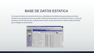 BASE DE DATOS ESTATICA
.
Son bases de datos únicamente de lectura, utilizadas primordialmente para almacenar datos
históricos que posteriormente se pueden utilizar para estudiar el comportamiento de un conjunto
de datos a través del tiempo, realizar proyecciones, tomar decisiones y realizar análisis de datos
para inteligencia empresarial.
 