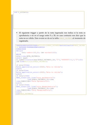 end t_criterio;



El siguiente trigger a partir de la nota ingresada nos indica si la nota es
aprobatoria o no en el rango entre 0 y 20, en caso contrario nos dice que la
nota no es válida. Este evento se da en la tabla EVALU_CRITERIOal momento de
registrarlo.

CREATEORREPLACETRIGGERmatricula.EVALU_CRITERIObeforeinsertonEVALU_CRITER
IO REFERENCINGNEWASNEWOLDASOLD
FOREACHROW
declare
nota numeric(12,2); idd varchar2(10);
BEGIN
nota:=:new.NOTA_CRITERIO;
select lpad(
to_number(coalesce(max(EVALU_CRITERIO_ID),'0'),'9999999')+1,7,'0')into
idd frommatricula.EVALU_CRITERIO;
if nota>20then
Raise_application_error(-20201,'Nota no válida');
endif;
if nota<0then
Raise_application_error(-20201,'Nota no válida');
endif;
if nota>12then
dbms_output.put_line('nota aprobatoria');
:new.EVALU_CRITERIO_ID:=idd;
:new.CONDICION:='Nota aprobatoria';
endif;
if nota<13then
dbms_output.put_line('nota desaprobatoria');
:new.EVALU_CRITERIO_ID:=idd;
:new.CONDICION:='Nota desaprobatoria';
endif;
endEVALU_CRITERIO;

 