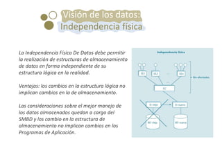 La Independencia Física De Datos debe permitir
la realización de estructuras de almacenamiento
de datos en forma independiente de su
estructura lógica en la realidad.
Ventajas: los cambios en la estructura lógica no
implican cambios en la de almacenamiento.
Las consideraciones sobre el mejor manejo de
los datos almacenados quedan a cargo del
SMBD y los cambio en la estructura de
almacenamiento no implican cambios en los
Programas de Aplicación.
Visión de los datos:
Independencia física
 