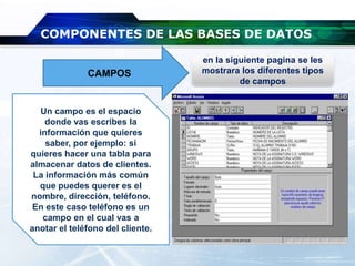 COMPONENTES DE LAS BASES DE DATOS
CAMPOS
Un campo es el espacio
donde vas escribes la
información que quieres
saber, por ejemplo: si
quieres hacer una tabla para
almacenar datos de clientes.
La información más común
que puedes querer es el
nombre, dirección, teléfono.
En este caso teléfono es un
campo en el cual vas a
anotar el teléfono del cliente.
en la siguiente pagina se les
mostrara los diferentes tipos
de campos
 