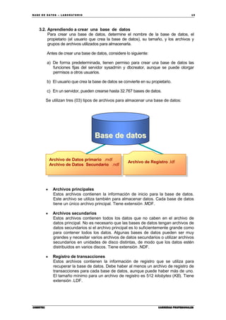 BA SE DE DA TO S – L A BO RA T O RIO 15
CIBERTECCIBERTECCIBERTECCIBERTEC CARRERAS PROFESIONALESCARRERAS PROFESIONALESCARRERAS PROFESIONALESCARRERAS PROFESIONALES
3.2. Aprendiendo a crear una base de datos
Para crear una base de datos, determine el nombre de la base de datos, el
propietario (el usuario que crea la base de datos), su tamaño, y los archivos y
grupos de archivos utilizados para almacenarla.
Antes de crear una base de datos, considere lo siguiente:
a) De forma predeterminada, tienen permiso para crear una base de datos las
funciones fijas del servidor sysadmin y dbcreator, aunque se puede otorgar
permisos a otros usuarios.
b) El usuario que crea la base de datos se convierte en su propietario.
c) En un servidor, pueden crearse hasta 32.767 bases de datos.
Se utilizan tres (03) tipos de archivos para almacenar una base de datos:
•••• Archivos principales
Estos archivos contienen la información de inicio para la base de datos.
Este archivo se utiliza también para almacenar datos. Cada base de datos
tiene un único archivo principal. Tiene extensión .MDF.
•••• Archivos secundarios
Estos archivos contienen todos los datos que no caben en el archivo de
datos principal. No es necesario que las bases de datos tengan archivos de
datos secundarios si el archivo principal es lo suficientemente grande como
para contener todos los datos. Algunas bases de datos pueden ser muy
grandes y necesitar varios archivos de datos secundarios o utilizar archivos
secundarios en unidades de disco distintas, de modo que los datos estén
distribuidos en varios discos. Tiene extensión .NDF.
•••• Registro de transacciones
Estos archivos contienen la información de registro que se utiliza para
recuperar la base de datos. Debe haber al menos un archivo de registro de
transacciones para cada base de datos, aunque puede haber más de uno.
El tamaño mínimo para un archivo de registro es 512 kilobytes (KB). Tiene
extensión .LDF.
BBaassee ddee ddaattooss
Archivo de Datos primario .mdf
Archivo de Datos Secundario .ndf
Archivo de Registro .Idf
 