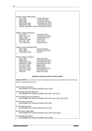 38
CARRERAS PROFESIONALESCARRERAS PROFESIONALESCARRERAS PROFESIONALESCARRERAS PROFESIONALES CIBERTECCIBERTECCIBERTECCIBERTEC
CREATE TABLE FAMILIARES (
COD_FAMI char(6) NOT NULL,
COD_USUA char(6) NOT NULL,
NOM_FAMI varchar(25) NOT NULL,
APEPATER_FAMI varchar(25) NOT NULL,
APEMATER_FAMI varchar(25) NOT NULL,
GRADO_PARENTES_FAMI varchar(50) NOT NULL
)
CREATE TABLE INQUILINO (
COD_USUA char(6) NOT NULL,
NOM_AVAL_INQ varchar(30) NOT NULL,
APELL_AVAL char(30) NOT NULL,
HABER_BAS_INQ int NOT NULL,
EST_CIVIL_INQ char(1) NULL,
LUG_TRAB_INQ varchar(50) NULL
)
CREATE TABLE PROPIETARIO (
COD_USUA char(6) NOT NULL,
TIPO _PROP varchar(30) NOT NULL ,
TELEFONO_PROP char(10)
)
CREATE TABLE USUARIO (
COD_USUA char(6) NOT NULL,
NOM_USUA varchar(25) NOT NULL,
APEPATER_USUA varchar(25) NOT NULL,
APEMATER_USUA varchar(25) NOT NULL,
FEC_NAC_USUA datetime NULL,
FEC_REG_USUA datetime NULL,
TIPO_DOC_USUA varchar(20) NOT NULL,
NUM_DOC_USUA char(8) NOT NULL,
COD_EST char(6) NOT NULL
)
Agregando las llaves primarias a todas las tablas
NONCLUSTERED:NONCLUSTERED:NONCLUSTERED:NONCLUSTERED: Crea un índice en el que el orden lógico de los valores de clave determina el orden físico de
las filas correspondientes de la tabla.
ALTER TABLE CONTRATO
ADD PRIMARY KEY NONCLUSTERED (COD_CONT)
ALTER TABLE DEPARTAMENTOS
ADD PRIMARY KEY NONCLUSTERED (COD_EDIF, COD_DEP)
ALTER TABLE DETALLECONTRATO
ADD PRIMARY KEY NONCLUSTERED (COD_EDIF, COD_DEP, COD_CONT)
ALTER TABLE EDIFICIOS
ADD PRIMARY KEY NONCLUSTERED (COD_EDIF)
ALTER TABLE ESTADO
ADD PRIMARY KEY NONCLUSTERED (COD_EST)
ALTER TABLE FAMILIARES
ADD PRIMARY KEY NONCLUSTERED (COD_FAMI, COD_USUA)
ALTER TABLE INQUILINO
ADD PRIMARY KEY NONCLUSTERED (COD_USUA)
 