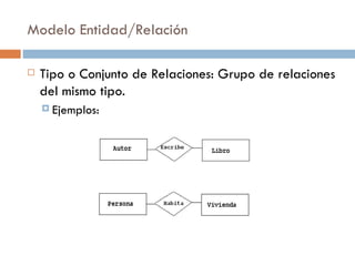 Modelo Entidad/Relación
 Tipo o Conjunto de Relaciones: Grupo de relaciones
del mismo tipo.
 Ejemplos:
 