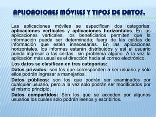 Aplicaciones móviles y tipos de datos.	Las aplicaciones móviles se especifican dos categorías: aplicaciones verticales y aplicaciones horizontales. En las aplicaciones verticales, los beneficiarios permiten que la información pueda ser determinada; fuera de las celdas de información que estén innecesarias. En las aplicaciones horizontales, los informes estarán distribuidos y así el usuario pueda ingresar a las celdas  sin problema alguno. A la vez la aplicación más usual es el dirección hacia al correo electrónico. 	Los datos se clasifican en tres categorías:	Datos privados: son los que corresponden a ser usuario y sólo ellos podrán ingresar a manejarlos. 	Datos públicos: son los que podrán ser examinados por cualquier usuario, pero a la vez solo podrán ser modificados por el mismo principio. 	Datos compartidos: Son los que se acceden por algunos usuarios los cuales solo podrán leerlos y escribirlos. 