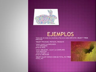 *Selección de todas las columnas y filas de la tabla EMPLOYEE. SELECT * FROM
EMPLOYEE
*SELECT PROJNAME, PRSTDATE, PRENDATE
*select count(*) as EMPLEADOS
from EMPLEADOS
group by SEXO.
*select UBICACION , count(*) as EJEMPLARES
from MASCOTAS
where ESTADO = 'A'
group by UBICACION
*SELECT SALARY+BONUS+COMM AS TOTAL_PAY FROM EMPLOYEE ORDER BY
TOTAL_PAY
 