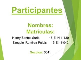 Participantes
Nombres:
Matriculas:
Henry Santos Suriel 18-EIIN-1-130
Ezequiel Ramirez Pujols 19-EII-1-042
Seccion: 0541
 