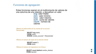 Funciones de agregación
Estas funciones operan en el multiconjunto de valores de
una columna de una relación, y devuelven un valor
avg: valor medio
min: valor mínimo
max: valor máximo
sum: suma de valores
count: número de
valores
Obtener el saldo medio de las cuentas de la sucursal
Navacerrada.
SELECT avg (saldo)
FROM cuenta
WHERE nombre_sucursal = ‘Navacerrada’
Obtener el número de tuplas de la relación cliente
SELECT count (*)
FROM cliente
Obtener el número de impositores en el banco
SELECT count (distinct nombre_clientes)
FROM impositor
 