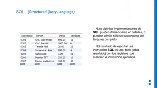•Las distintas implementaciones de
SQL pueden diferenciarse en detalles, o
pueden admitir sólo un subconjunto del
lenguaje completo.
•El resultado de ejecutar una
instrucción SQL es una tabla (tabla
resultado) con los registros que
cumplen la instrucción ejecutada.
SQL - (Structured Query Language).
 