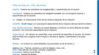 Tipos de datos en SQL (dominios)
char(n). Cadena de caracteres de longitud fija n, especificada por el usuario
varchar(n). Cadena de caracteres de longitud variable con una longitud máxima n
especificada por el usuario.
int. Integer, un subconjunto finito de los enteros depende de la máquina.
smallint. Small integer (un subconjunto dependiente de la máquina del tipo dominio entero).
real, double precision. Número en coma flotante y números en coma flotante de doble
precisión, con precisión dependiente de la máquina.
numeric(p,d). Un número en coma fija, cuya precisión la especifica el usuario. El número
está formado por p dígitos (más el signo) y de esos p dígitos, d pertenecen a la parte
decimal.
float(n). Un número en coma flotante cuya precisión es de al menos n
dígitos date: Fechas, contiene un año (4 dígitos), mes y día
time: Hora del día, en horas, minutos y segundos.
timestamp: fecha y hora del día
interval: periodo de tiempo
 