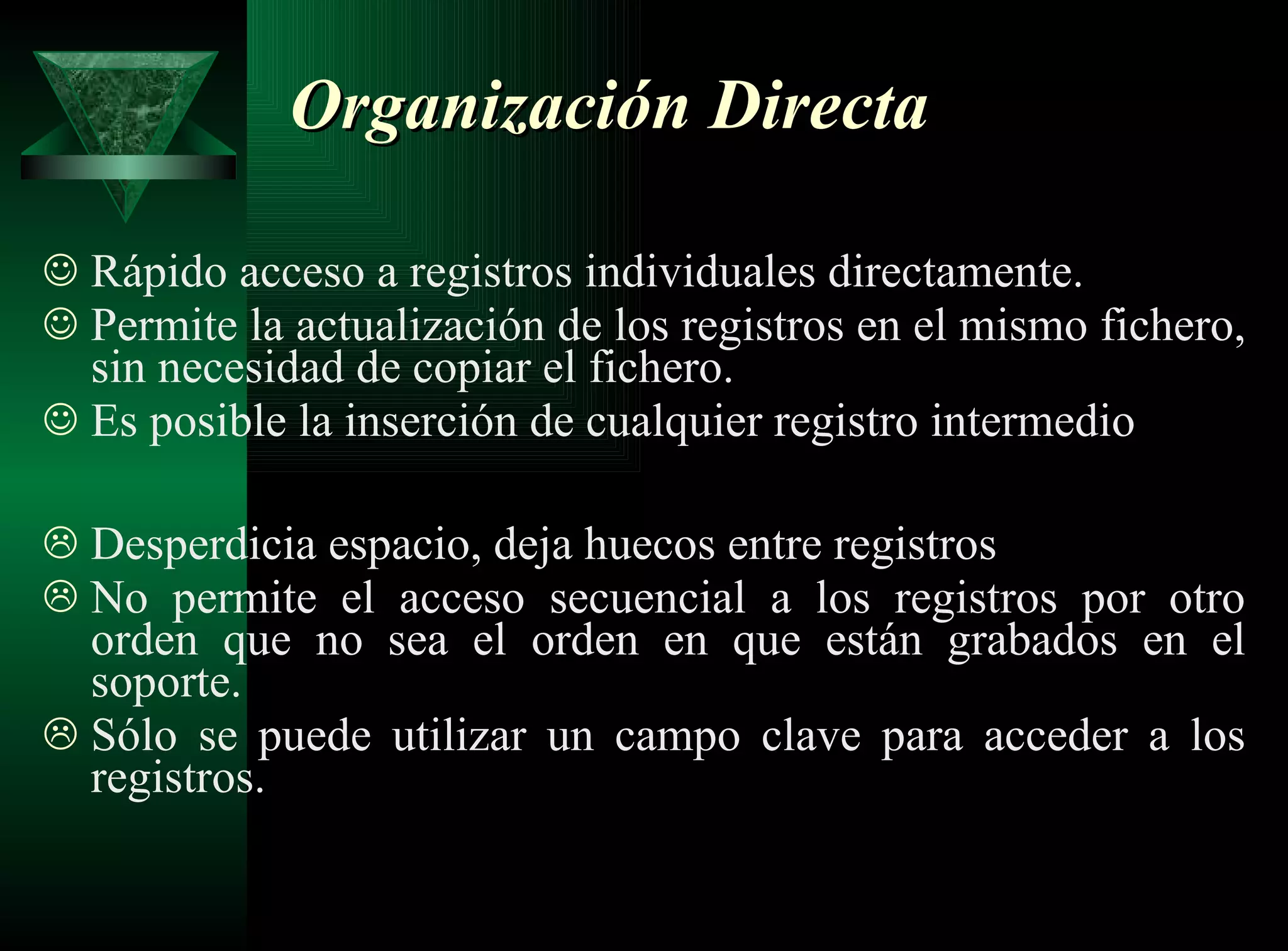 Organización Directa   Rápido acceso a registros individuales directamente. Permite la actualización de los registros en el mismo fichero, sin necesidad de copiar el fichero. Es posible la inserción de cualquier registro intermedio Desperdicia espacio, deja huecos entre registros No permite el acceso secuencial a los registros por otro orden que no sea el orden en que están grabados en el soporte. Sólo se puede utilizar un campo clave para acceder a los registros. 