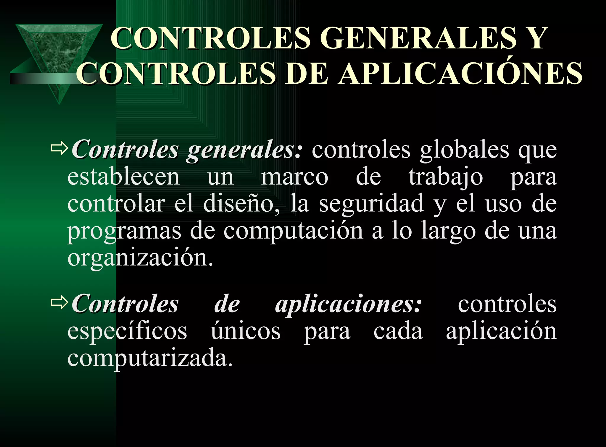 CONTROLES GENERALES Y CONTROLES DE APLICACIÓNES Controles generales:  controles globales que establecen un marco de trabajo para controlar el diseño, la seguridad y el uso de programas de computación a lo largo de una organización. Controles de aplicaciones:  controles específicos únicos para cada aplicación computarizada. 