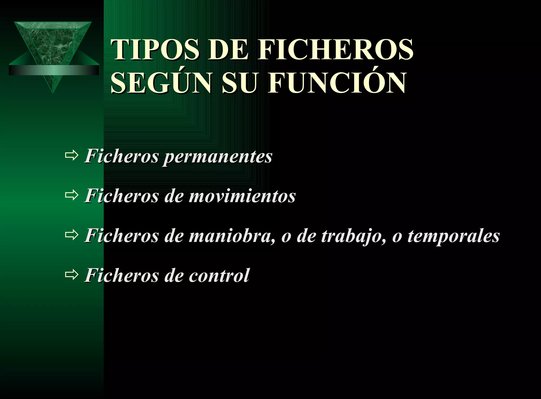 TIPOS DE FICHEROS SEGÚN SU FUNCIÓN Ficheros permanentes   Ficheros de movimientos   Ficheros de maniobra, o de trabajo, o temporales Ficheros de control   