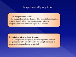 Independencia lógica y física:
2. La Independencia lógica de datos:
La Independencia lógica de datos debe permitir una cierta
independencia entre los datos vistos por las aplicaciones y la
estructura lógica de ellos en la realidad.
1. La independencia física :
La independencia física de datos debe permitir la realización
de estructuras de almacenamiento de datos en forma
independiente de su estructura lógica en la realidad.
 
