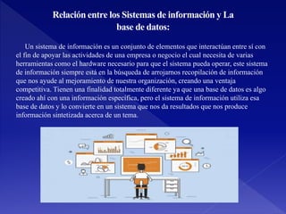 Relación entre los Sistemas de información y La
base de datos:
Un sistema de información es un conjunto de elementos que interactúan entre sí con
el fin de apoyar las actividades de una empresa o negocio el cual necesita de varias
herramientas como el hardware necesario para que el sistema pueda operar, este sistema
de información siempre está en la búsqueda de arrojarnos recopilación de información
que nos ayude al mejoramiento de nuestra organización, creando una ventaja
competitiva. Tienen una finalidad totalmente diferente ya que una base de datos es algo
creado ahí con una información específica, pero el sistema de información utiliza esa
base de datos y lo convierte en un sistema que nos da resultados que nos produce
información sintetizada acerca de un tema.
 